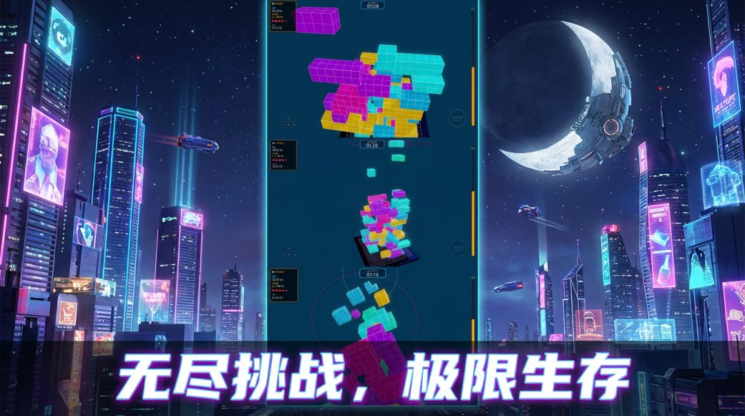 俄罗斯方块与赛博朋克月亮游戏截图