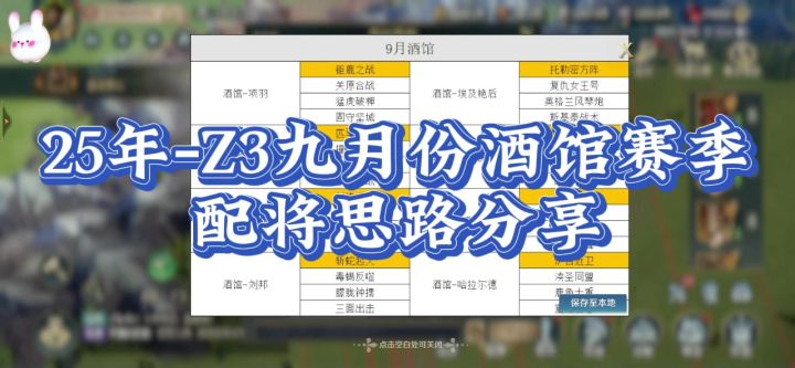 2025年，Z3九月份酒馆赛季，配将思路，赶紧收藏保存，过几天就要截图