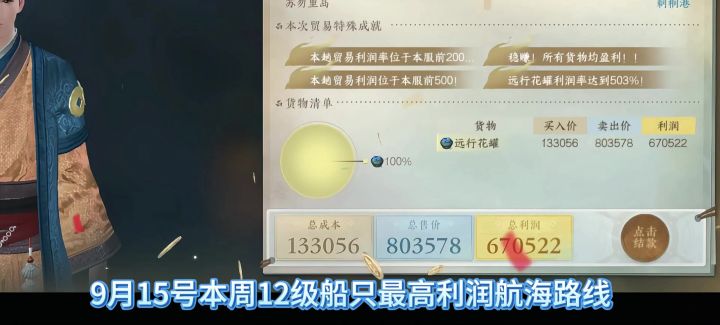 逆水寒手游9月15日本周12级船只最高利润航海路线,12级船30秒快截图