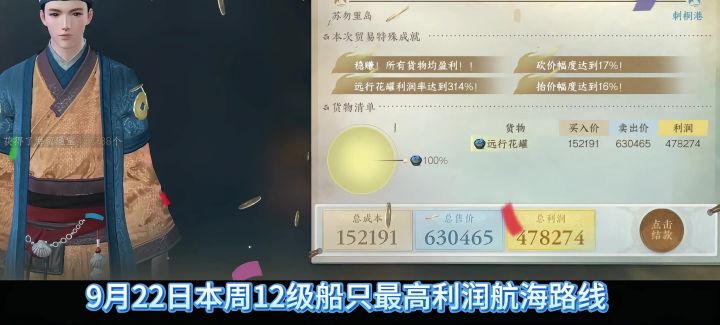 逆水寒手游9月22日本周12级船只最高利润航海路线，12级船30秒快截图