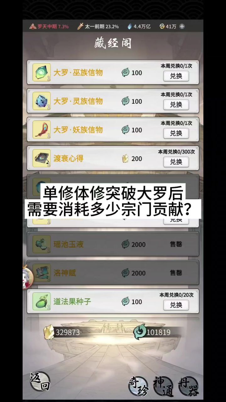 单修体修突破大罗后需要消耗多少宗门贡献?截图