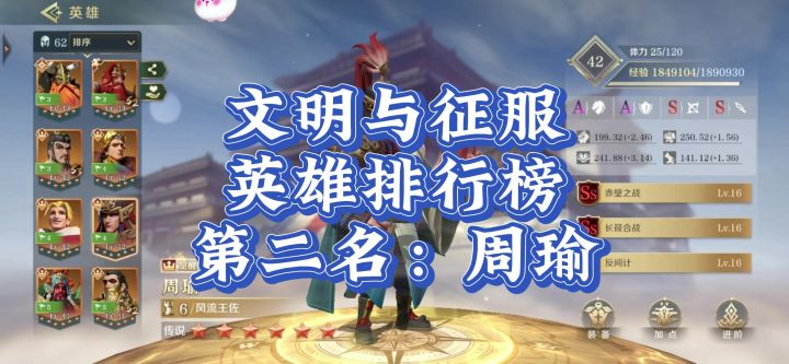 文明与征服,英雄排行榜!第二名:周瑜。截图