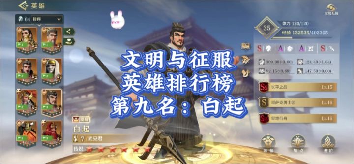 文明与征服英雄排行榜第九名,白起。截图
