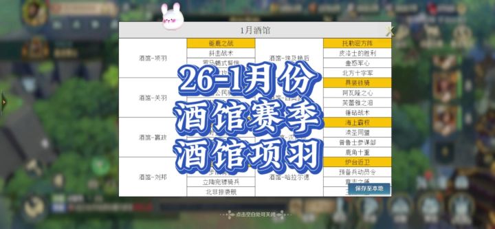 2026年1月份,酒馆项羽,配将分享。截图