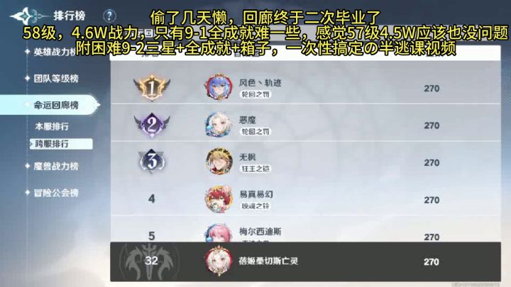 摆烂一个礼拜后,回廊终于二次毕业,58级,4.6W战力。附困难9-2三星+全成就+箱子,一次性搞定の半逃课视频截图